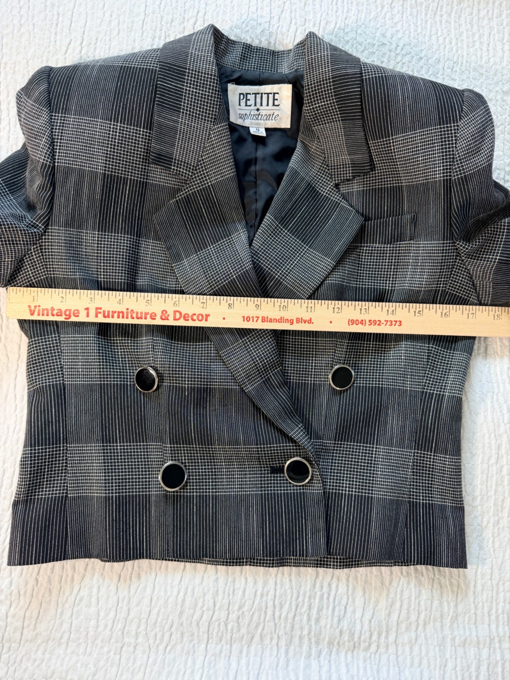 Petite Sophisticate Black & Gray Plaid Double-Breasted Blazer - Picture 7 of 8
